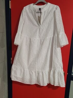 White Eyelet Midi Dress with Ruffle Hem